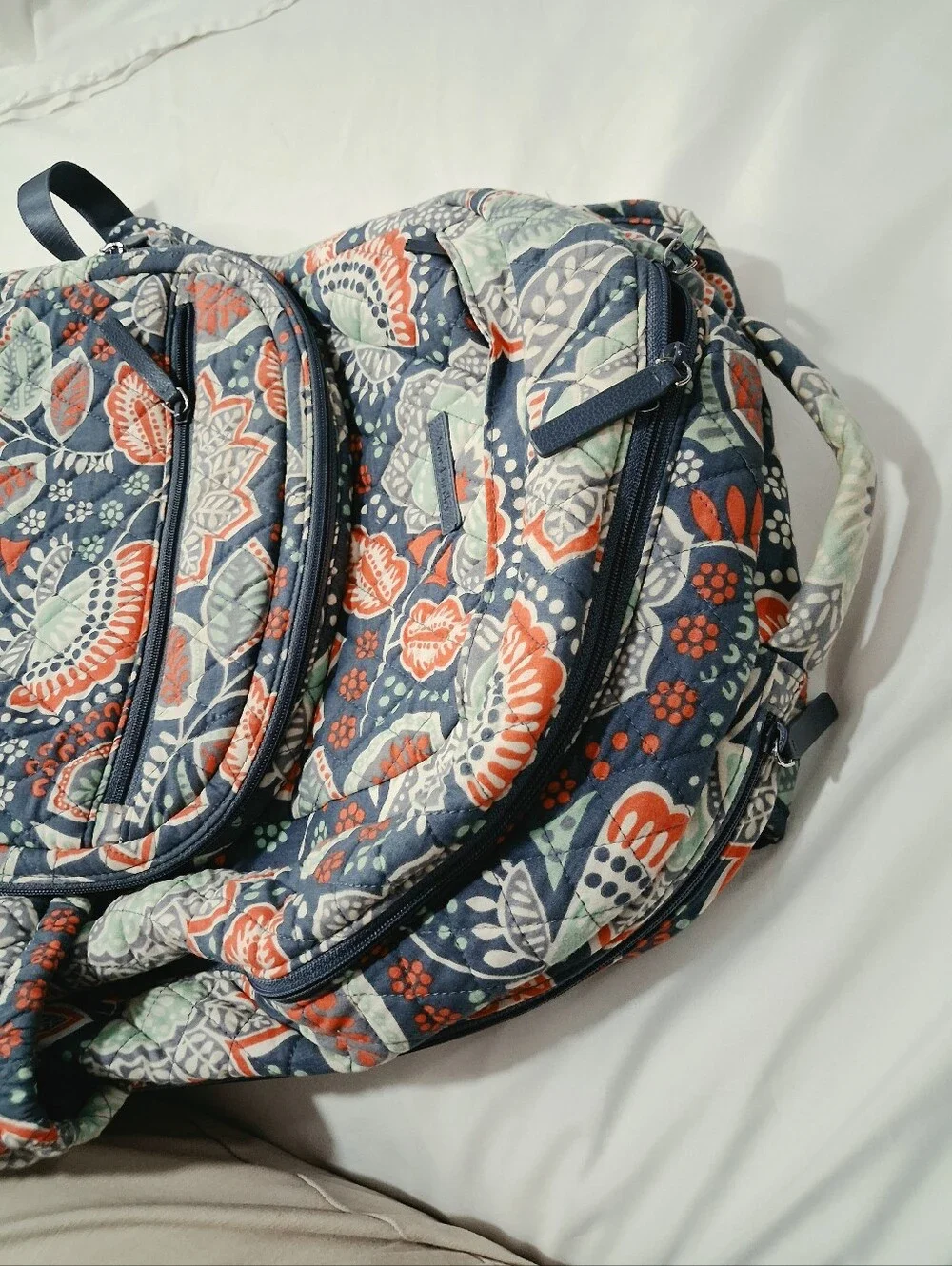 Vera Bradley Navy Quilted Floral Backpack with Coral & Mint Accents